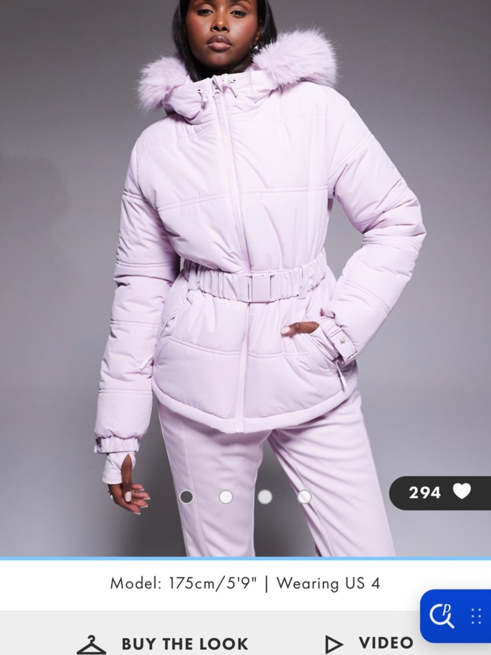Lavender/Light Pink Hooded Puffer ski Jacket with Faux-Fur Trim. ASOS